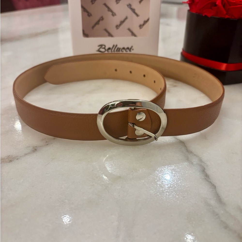 Tan Leather Belt with Silver Buckle and Classic Design